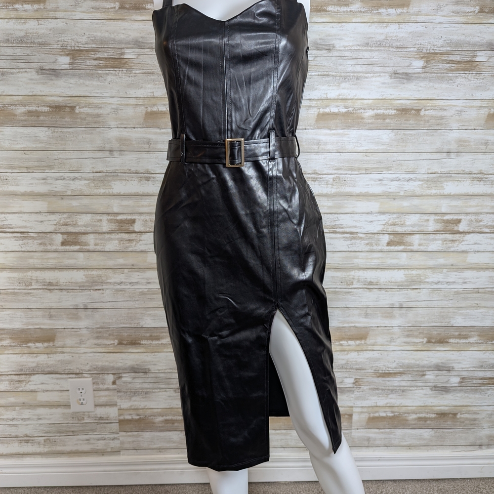 Elegant Black Faux Leather Midi Dress